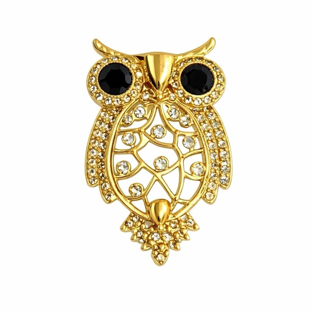 Black & White Rhinestone Owl Brooch Gold Tone Metal Bling Accent Pin 2"
